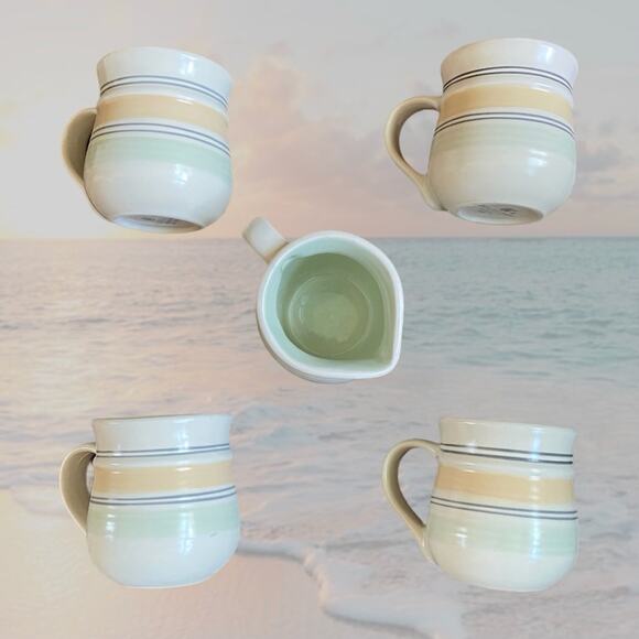 Pfaltzgraff Retired Key Largo Striped 4-Ct Stoneware Mugs and Creamer - Picture 3 of 12